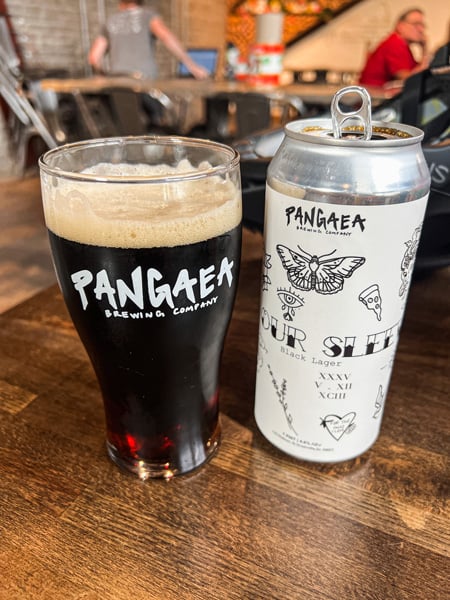 Dark brown Pangaea Brewing Company beer