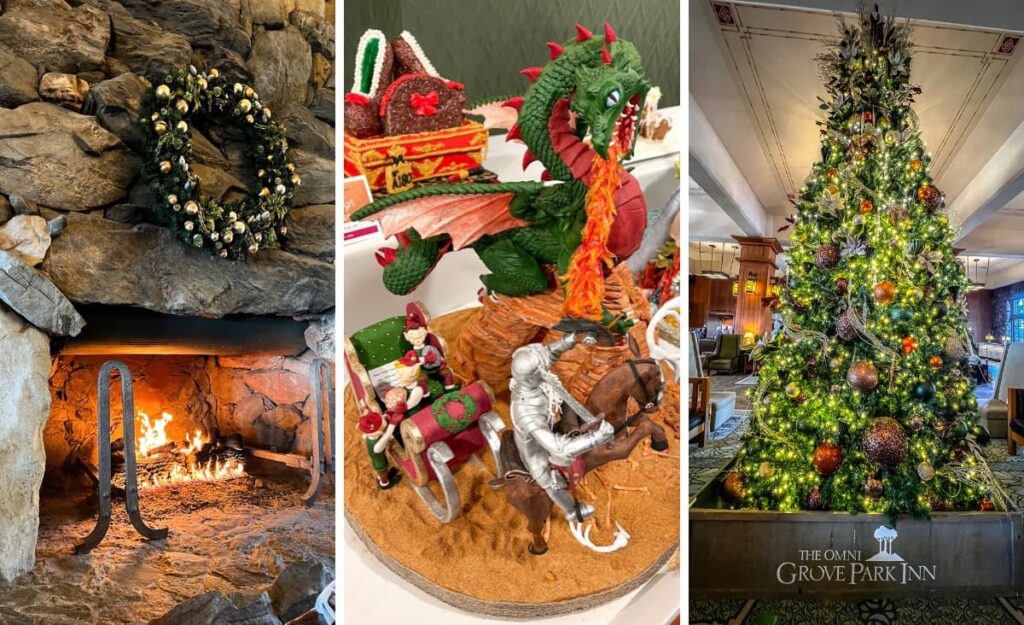 Collage of three photos from the National Gingerbread House Competition at The Omni Grove Park Inn in Asheville, NC, including blazing stone fireplace, dragon gingerbread display, and tall Christmas tree lit up